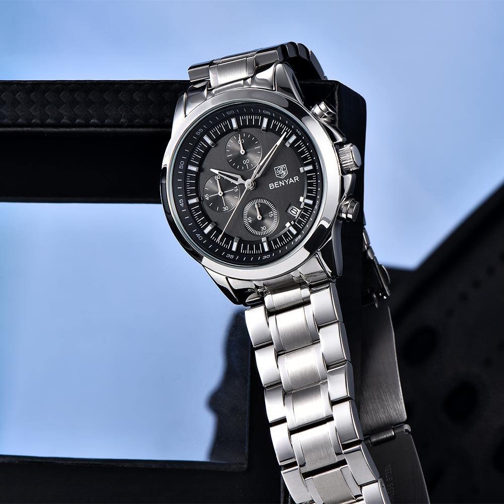 BENYAR luxury brand business watch men's top brand luxury quartz watch stainless steel 5Bar waterproof timing watch+gift box