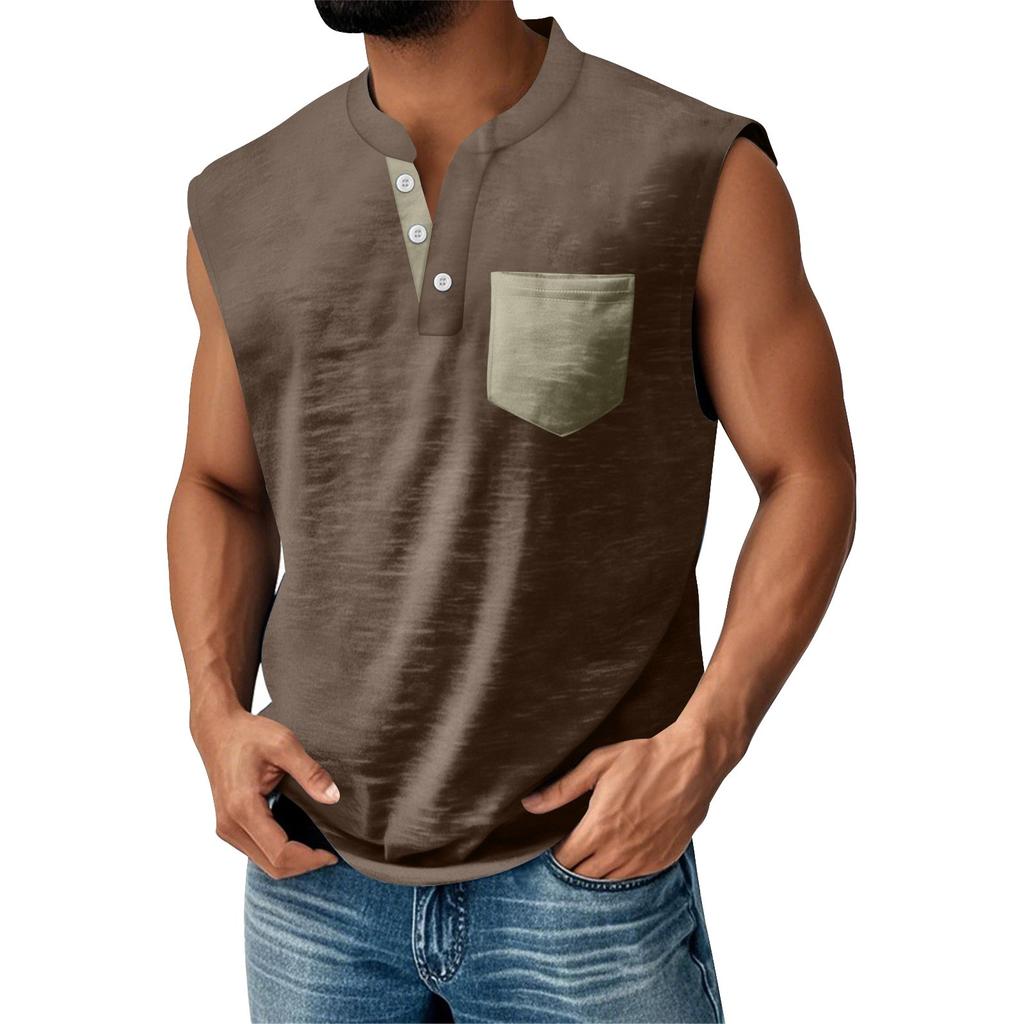 Men's Summer Solid Matching Color Pocket Sports Buttons Vest Men's Sports Casual Vest