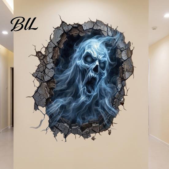 Halloween Party Wall Backgrounds 3D Decal, Breakout Illusion Sticker with Skull Ghost, Spooky Horror Stickers for Room Decor Party, Peel And