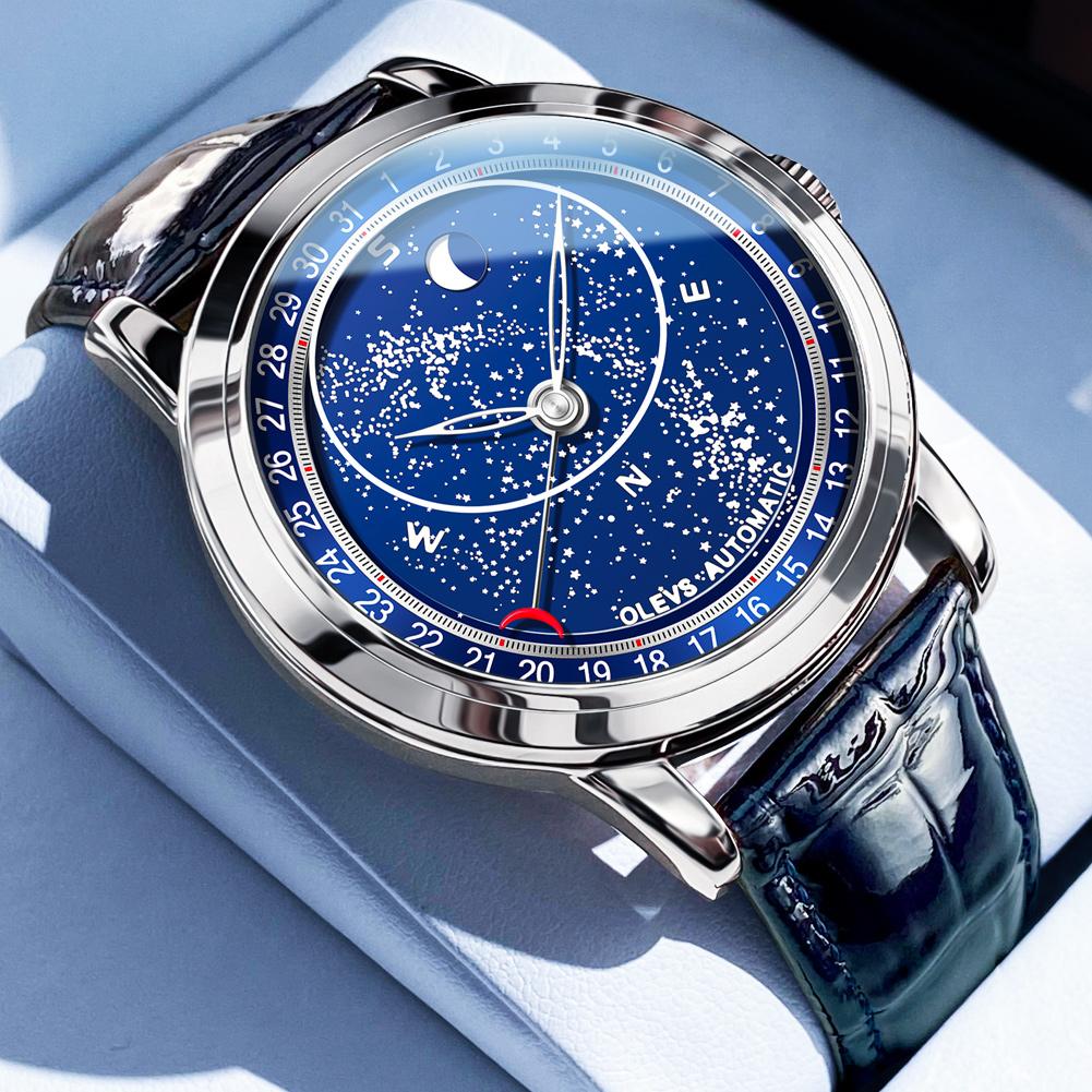 OLEVS Fashion Luminous Starry Dial Men Sport Watch Unique Calendar Design Automatic Mechanical Watches Reloj Hombre