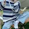Женская японская рубашка с капюшоном, весенняя полосатая футболка с длинными рукавами, свободный топ, рубашка большого размера с круглым вырезом