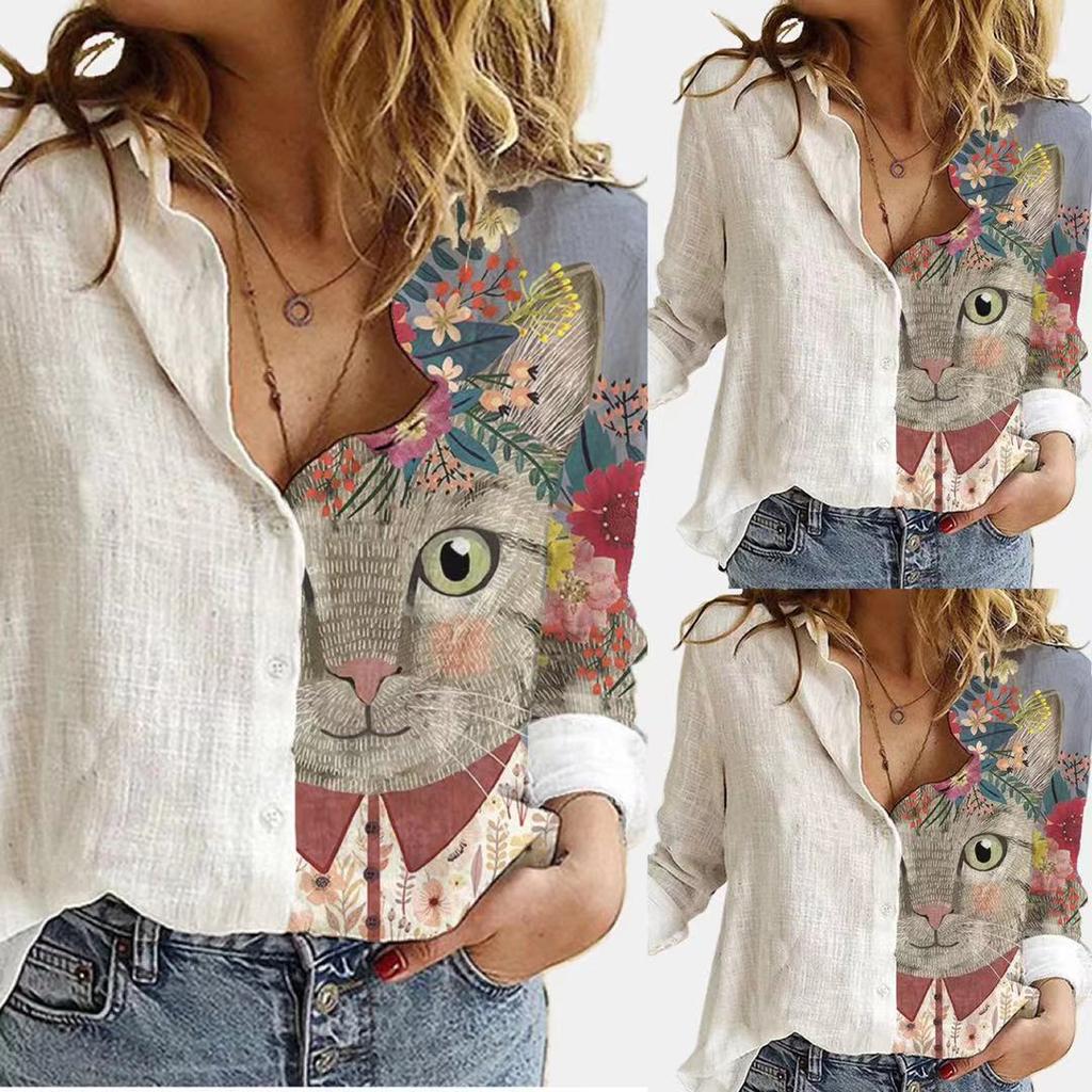 Spring new color matching lapel hand-painted printing fashion shirt women's tide