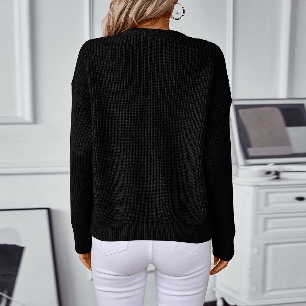 Women's Fashion Casual Round Neck Solid Color Long Sleeve Loose Knit Pullover Sweater