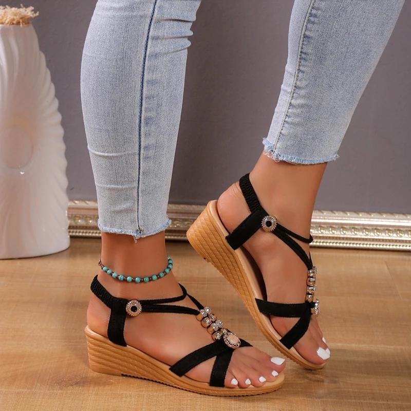Новые женские босоножки на танкетке с открытым носком, однотонные, с пряжкой на щиколотке, нескользящие гладиаторские туфли, женская мода, сандалии на толстой платформе, женские