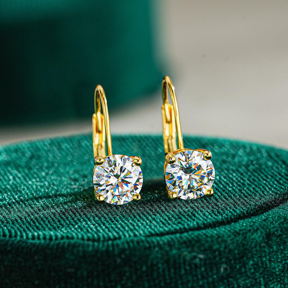 Classic 925 Silver Gold Plated 4 Prong Set Round Cut 1ct VVS GRA Moissanite Jewelry Women's French Style Back Earrings