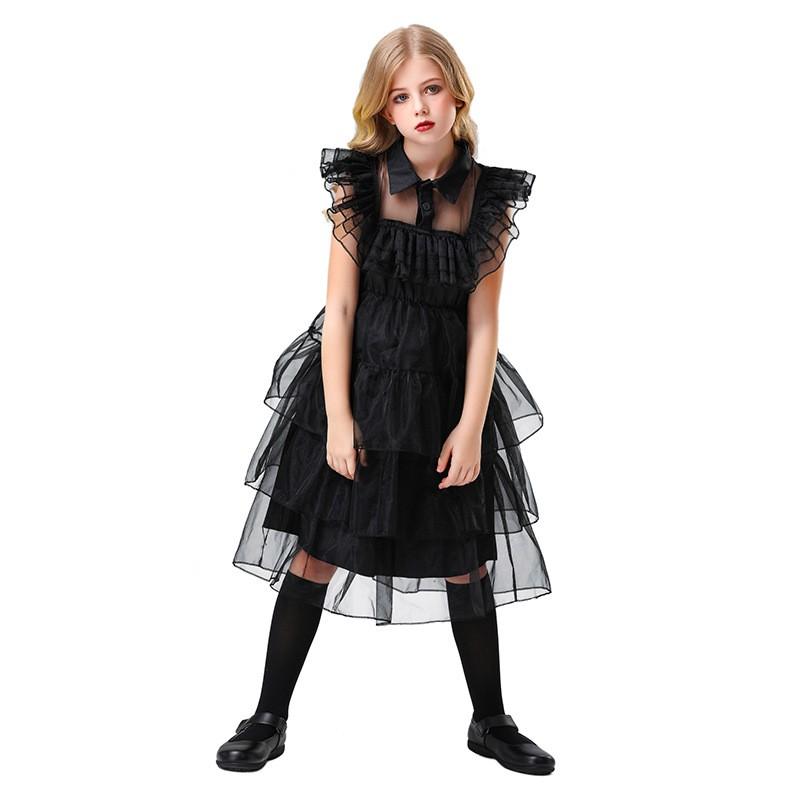 Black Princess Dress Girls Halloween Cosplay Costume Adams Family Theme Party Outfit
