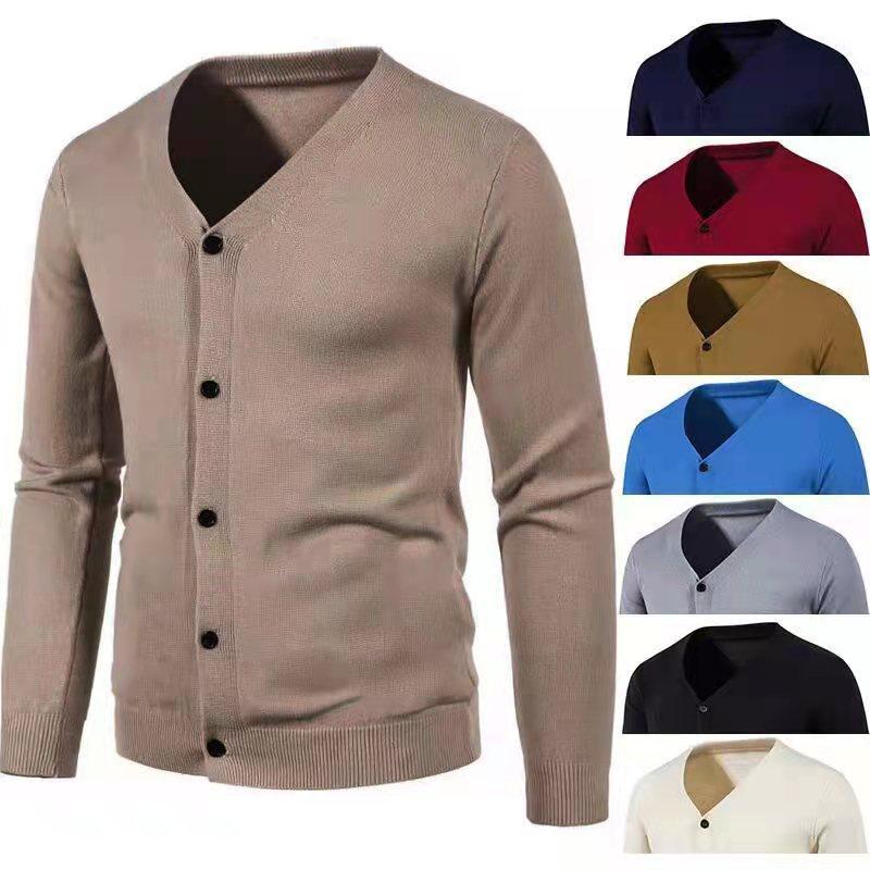 Autumn Men's Knitted Cardigan Thin V Neck Basic Elastic Slim Fit Thin Sweater Solid Color Casual Versatile Coat