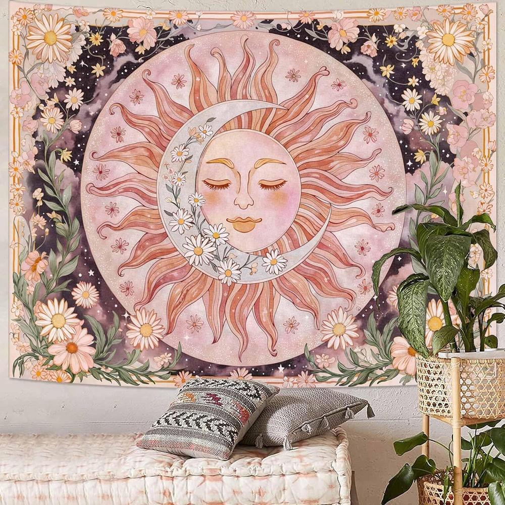 Gentle Pink Tone Sun Moon Flower Tapestry, Bohemian Wall Cloth for Bedroom Living Room