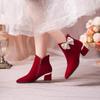 Fashion Women's Fashion Chunky Heel Short Boots Autumn New Pointy Suede Butterfly Knot Side Zipper Wedding Shoes