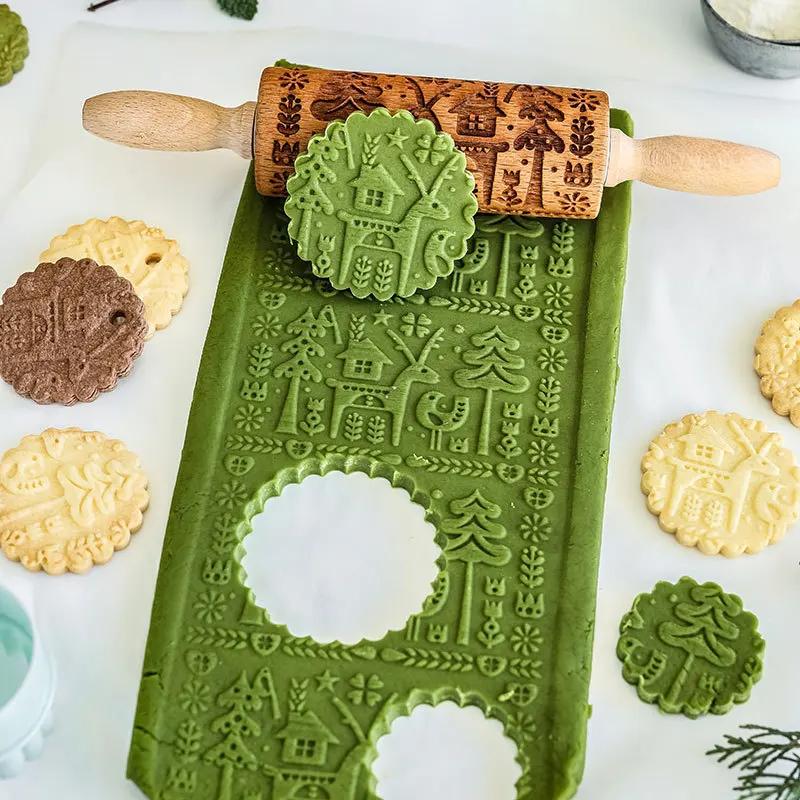 Мультяшный бисквитный принт, катящийся снежинка, лось, деревянный узорчатый ролик, форма для выпечки своими руками, рождественские аксессуары для выпечки на Хэллоуин
