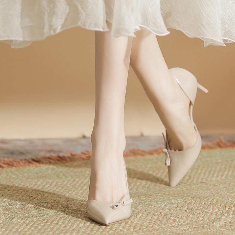 Fashion Spring Summer Women's Pointed Toe High Heels Side Open Shoes Lambskin Cushion Low Cut Thin Heel Vulcanized Sandals