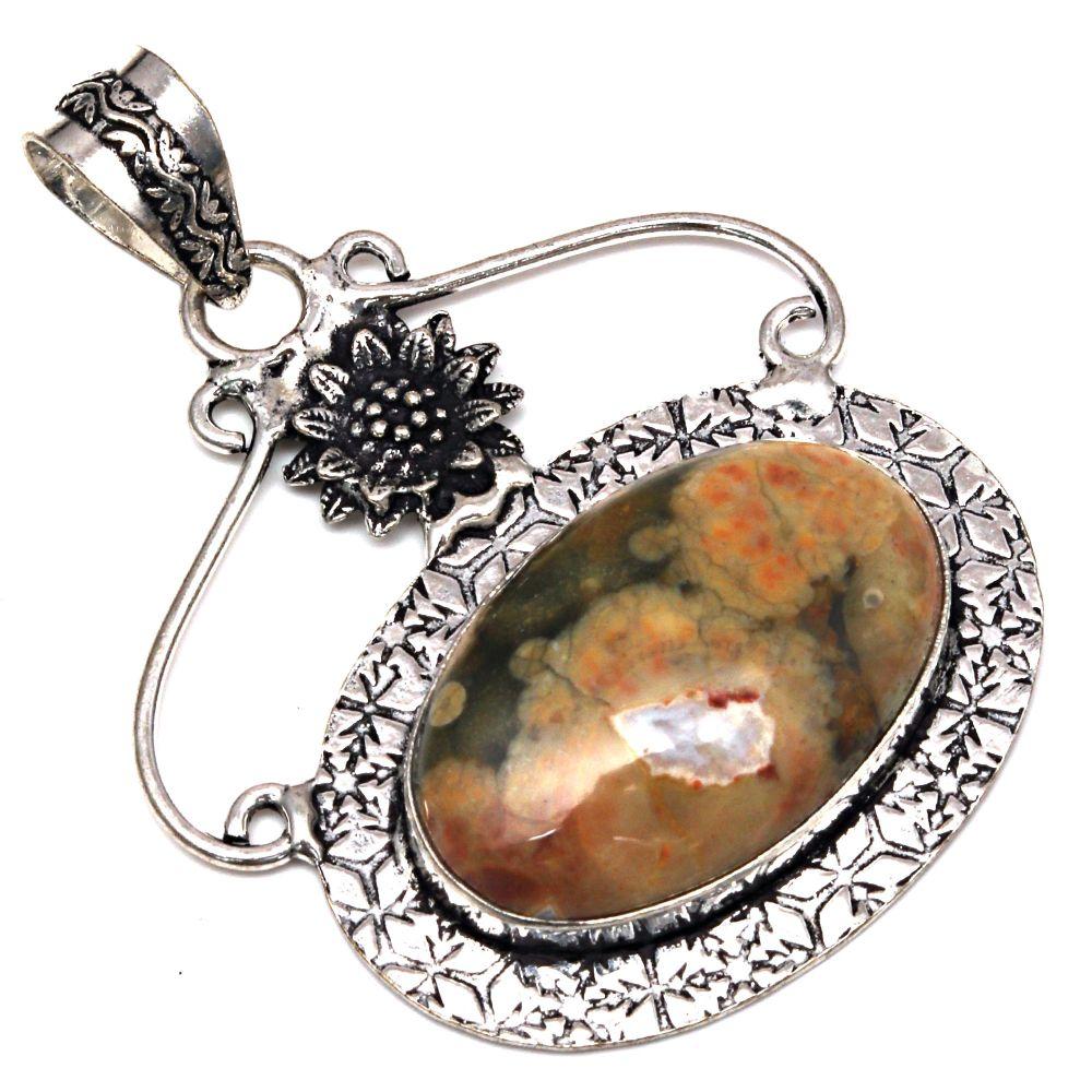 Pendant Rainforest Jasper Gemstone Handmade Silver Jewelry 2.25"
