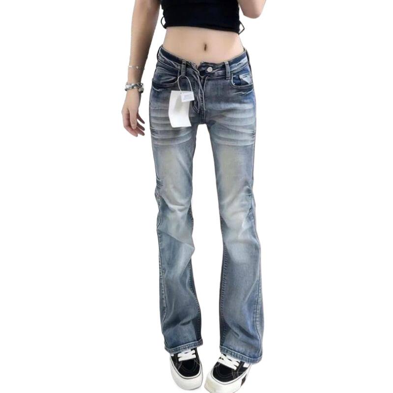 American retro grab pattern design jeans women's autumn new Spice Girl elastic and thin casual mopping straight trousers