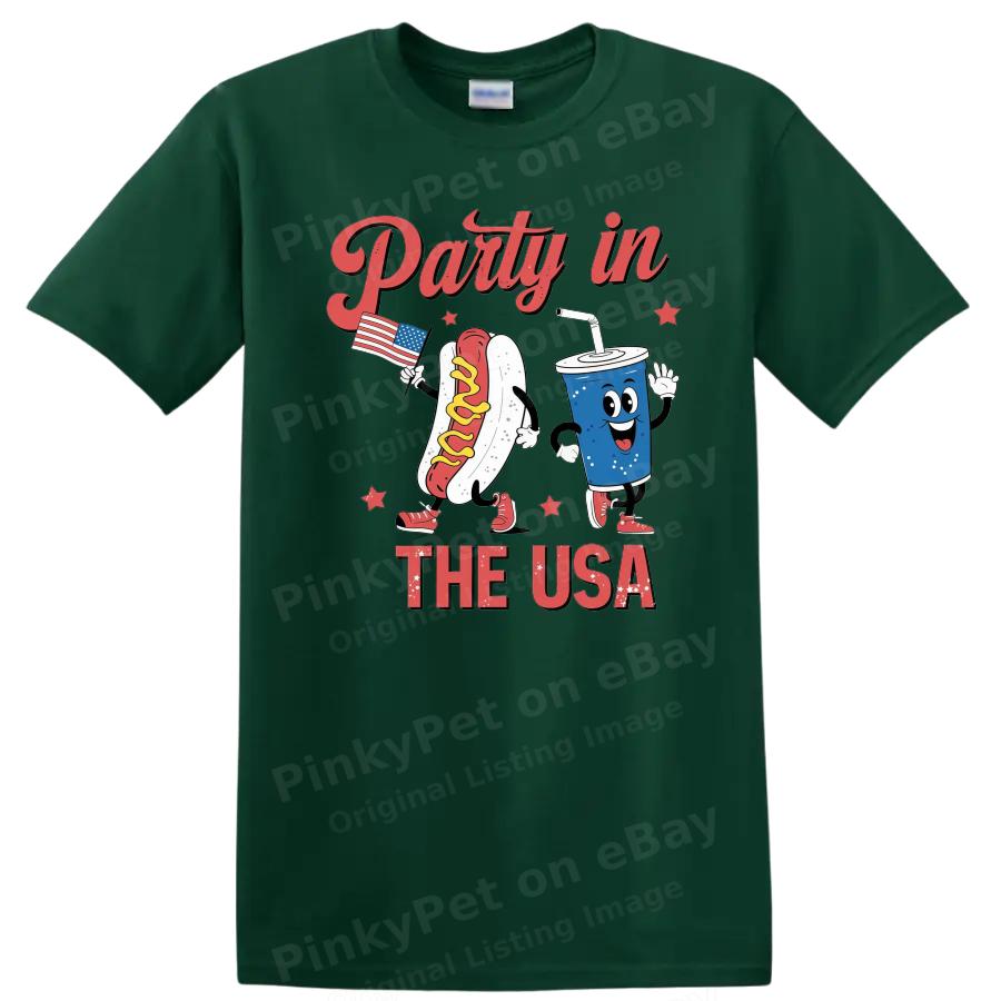 Party in the USA Hot Dog Soda T Shirt Cute Graphic Funny Tee for Summer Fun