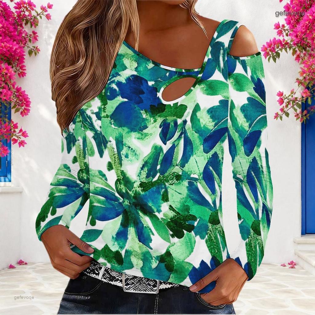 Women Plus Size Asymmetric Cutout Neck Cold Shoulder Long Sleeve Tropical Leaf Printed Fitted Blouse