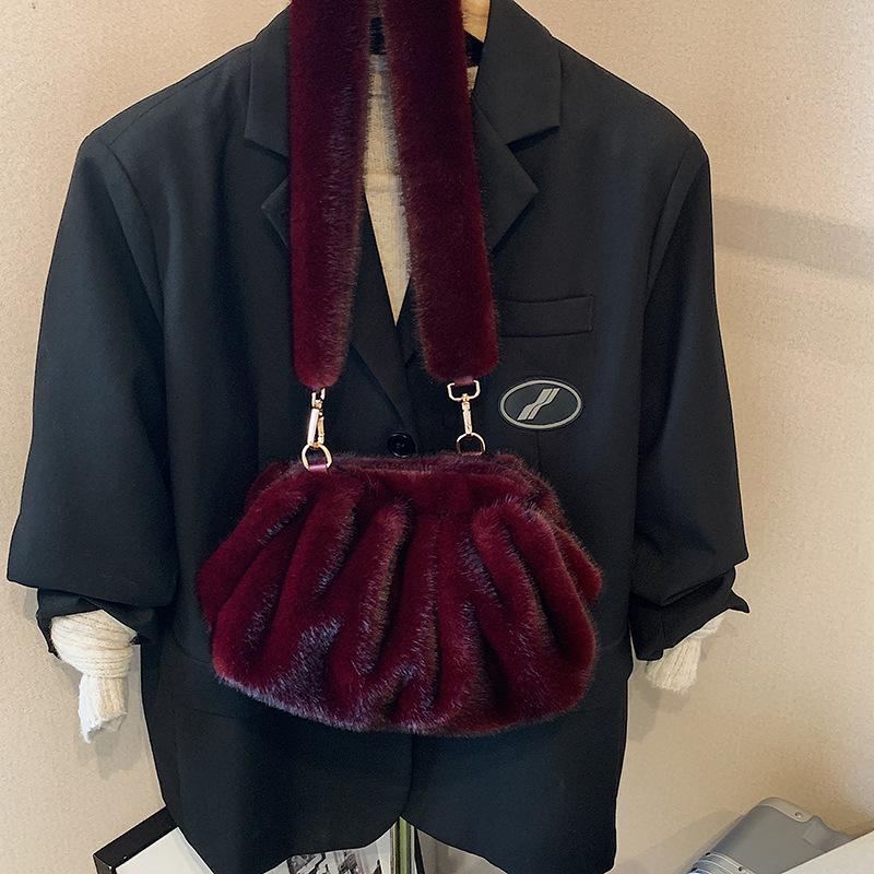 Korean Pleated Cloud Plush Shoulder Bag Soft Faux Fur Crossbody Bag Autumn And Winter Trend Handbags For Women Gifts