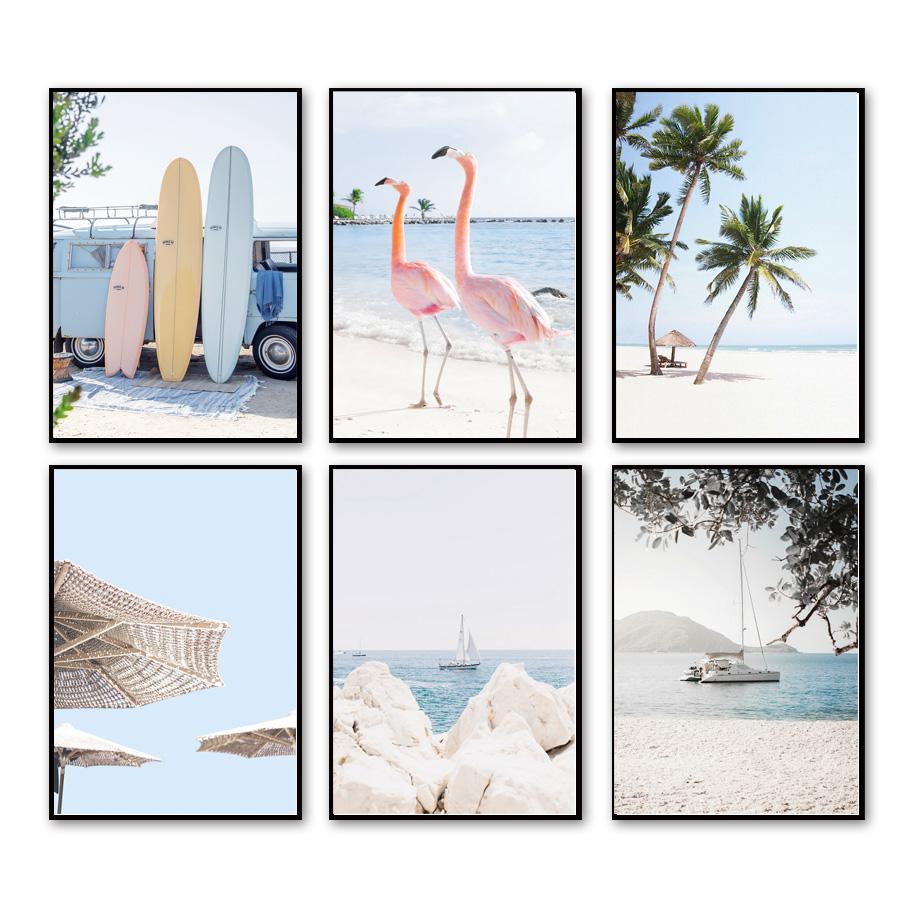 Фламинго Доска для серфинга Пляж Океан Волны Ракушка Настенная живопись Холст Картина Тропические постеры и принты Настенные картины для домашнего декора