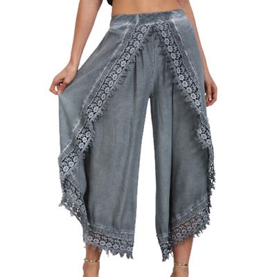 Широкие брюки с высокой талией девятой длины, однотонные женские повседневные брюки с кружевной отделкой, женская одежда