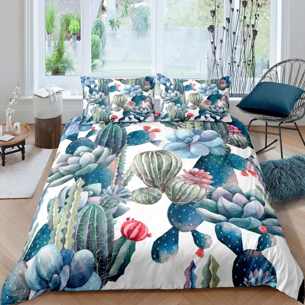 Пододеяльник с суккулентами, комплект постельного белья с зелеными растениями, тропическим ботаническим рисунком, акварелью, стильным принтом природы, двухспальное покрывало