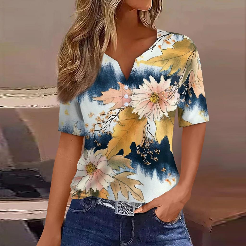 Женская повседневная футболка с v-образным вырезом и короткими рукавами, декоративная футболка на пуговицах, топ