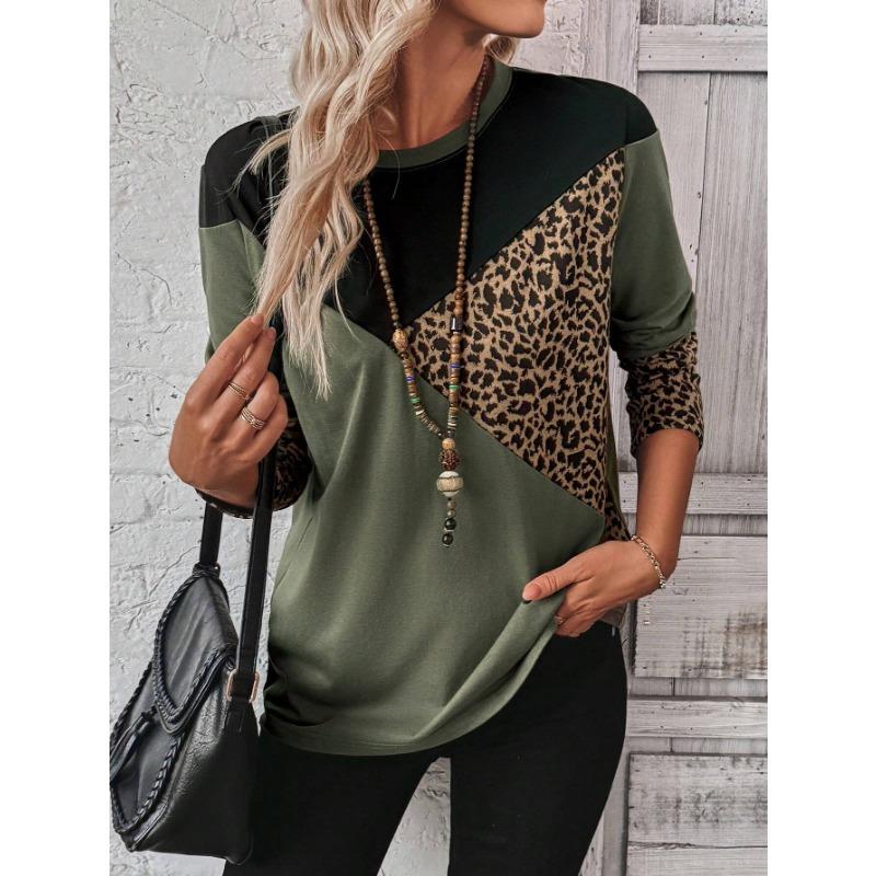 Женская футболка 3D Леопардовый Ретро Принт Модная С длинным рукавом Круглый вырез Обычный Топ Праздник Выходной Весна Осень