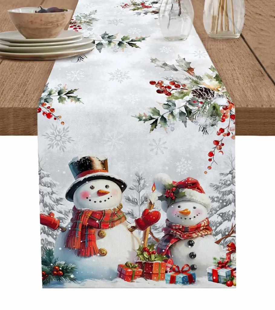 Christmas Silver Fir Leaves Snowflakes Wood Grain Linen Table Runners Kitchen Decoration Table Runner Festival Party Supplies