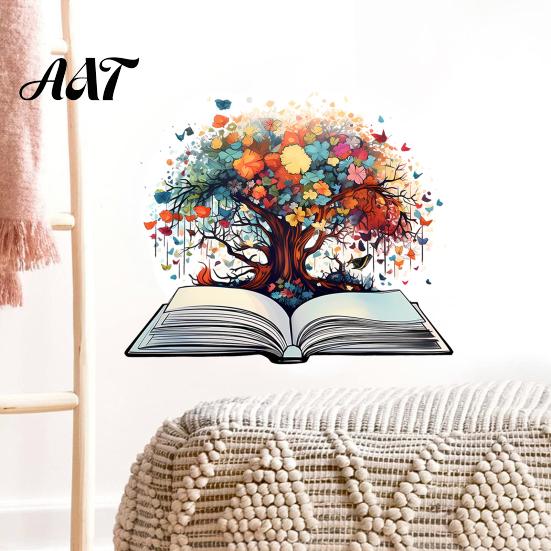Floral Book Tree Wall Stickers Large Sticker, Colorful Flowers Decal, Waterproof Flexible PVC Covering Peel And Stick Decal for Home Living