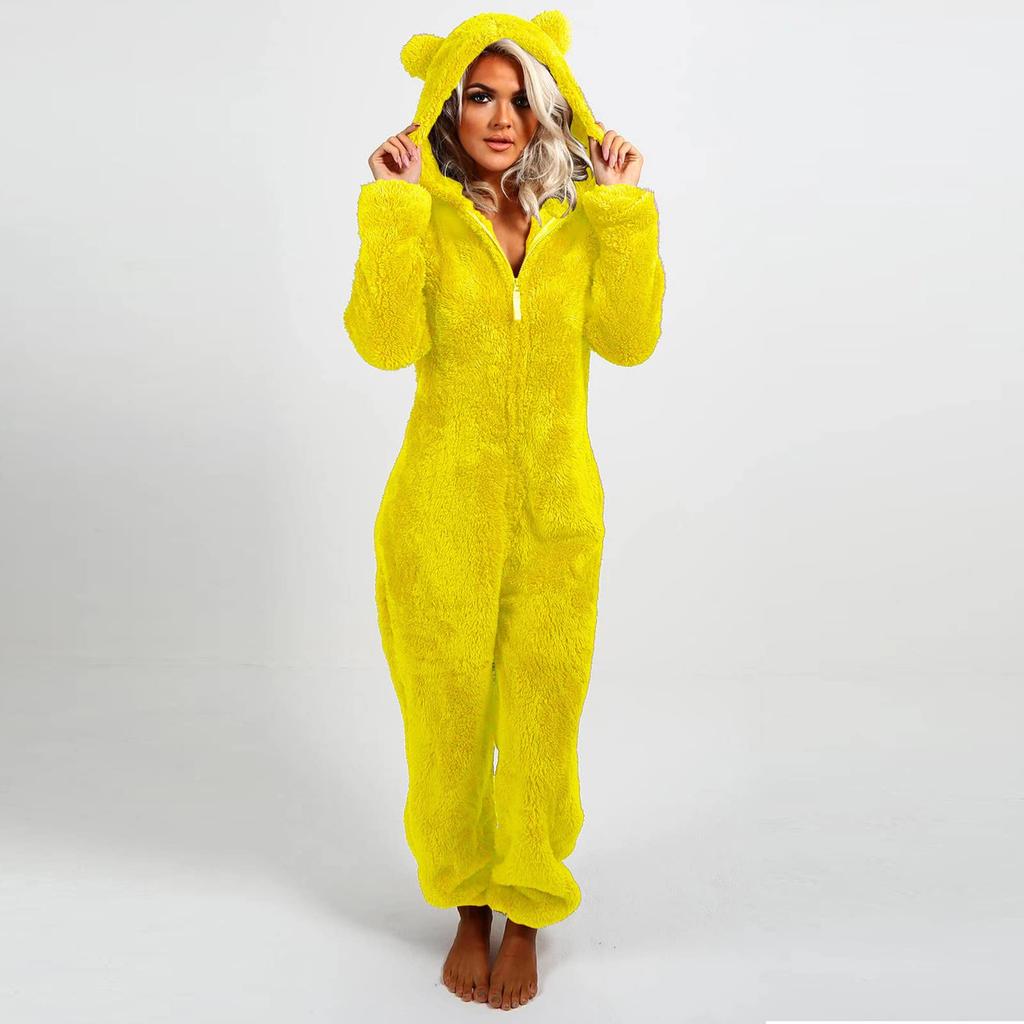 Women's Fashion Solid Colour Home Plush Warm Hooded Casual Pajamas Soft And Comfortable Jumpsuit