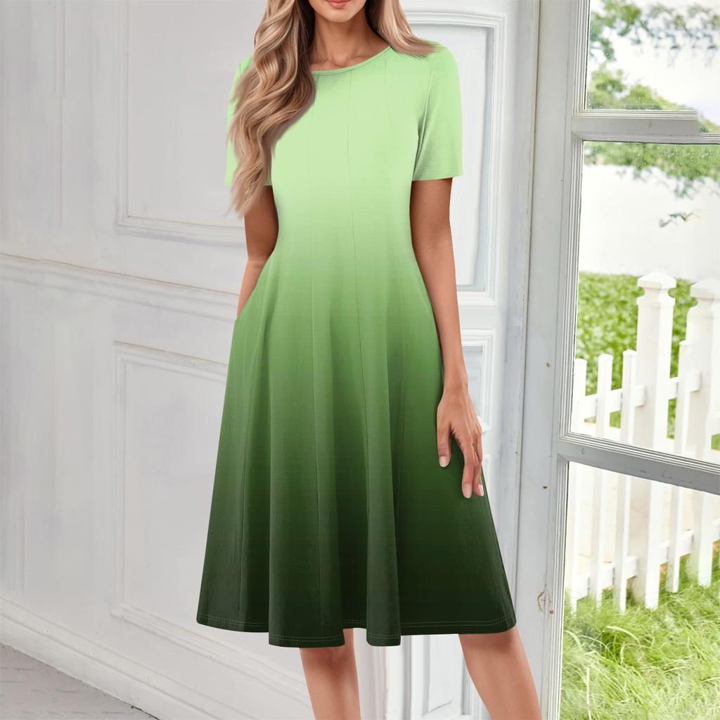 Женское повседневное модное платье с круглым вырезом и коротким рукавом средней длины с градиентом