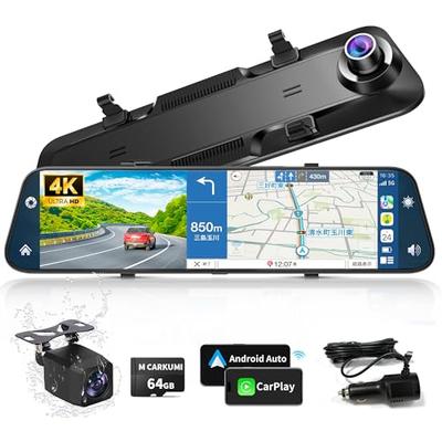 4K Видеорегистратор в стиле зеркала [CarPlay и Android Auto] 12-дюймовый с передней и задней камерами, карта памяти 64 ГБ в комплекте, угол обзора 170°, Автомобильная навигация