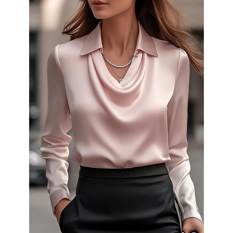 2025 Shein Elegant Long Sleeve Satin Swing Collar Top for Women - Spring/Autumn