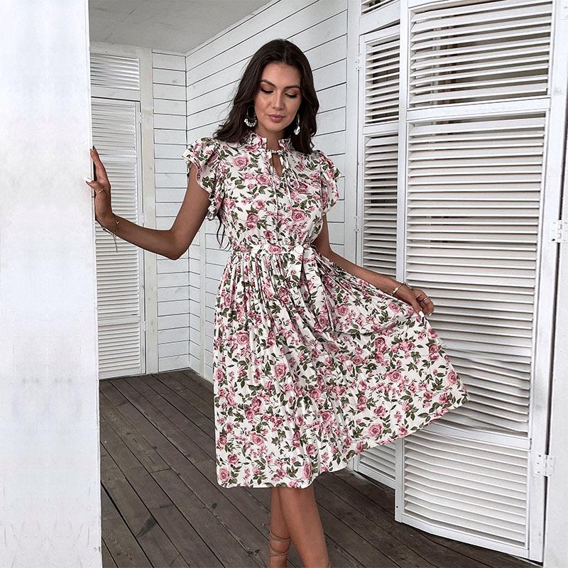 European and American Retro Print Mid-Length White Dress - 2022 Summer Collection