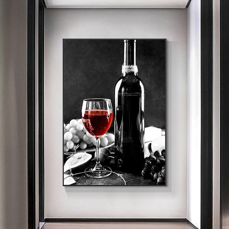 Modern Art Red Wine and Bottles Kitchen Poster Black and White Beverage Food Canvas
