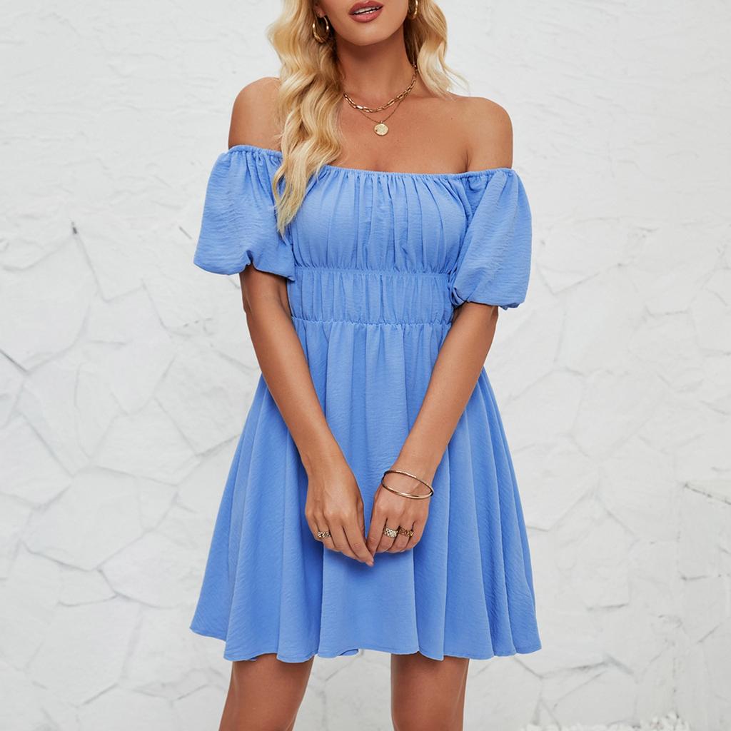 Женское модное однотонное платье с одной линией выреза и короткими рукавами, темпераментное плиссированное платье с высокой талией