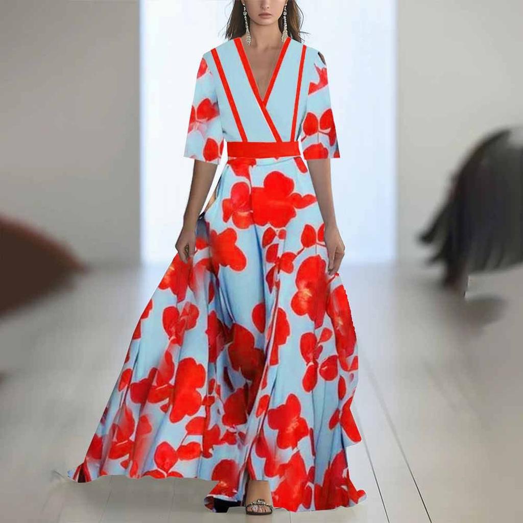 Ladies' Casual And Fashionable Color Printed Patchwork V-neck Long Dress