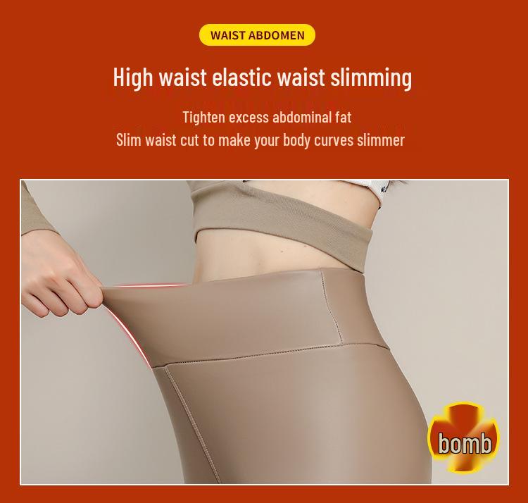 Женские кожаные брюки с высокой талией и подкладкой из флиса из овечьей шерсти: Утягивающие, Ветрозащитные, Теплые леггинсы