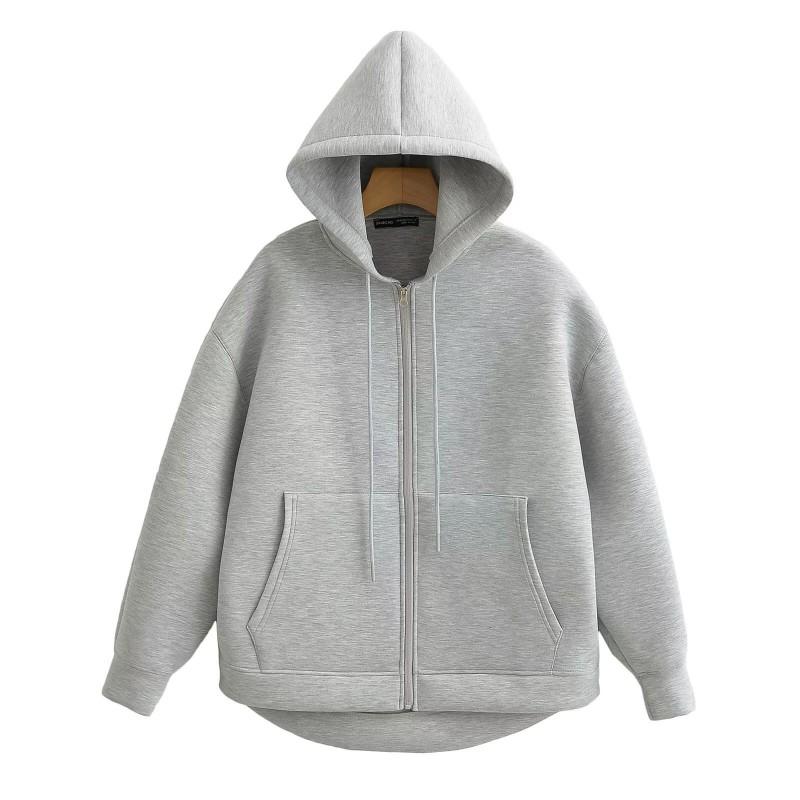 Womens Loose Zip-Up Hooded Sweatshirt Jacket Mid-Length Casual Street Style Fall