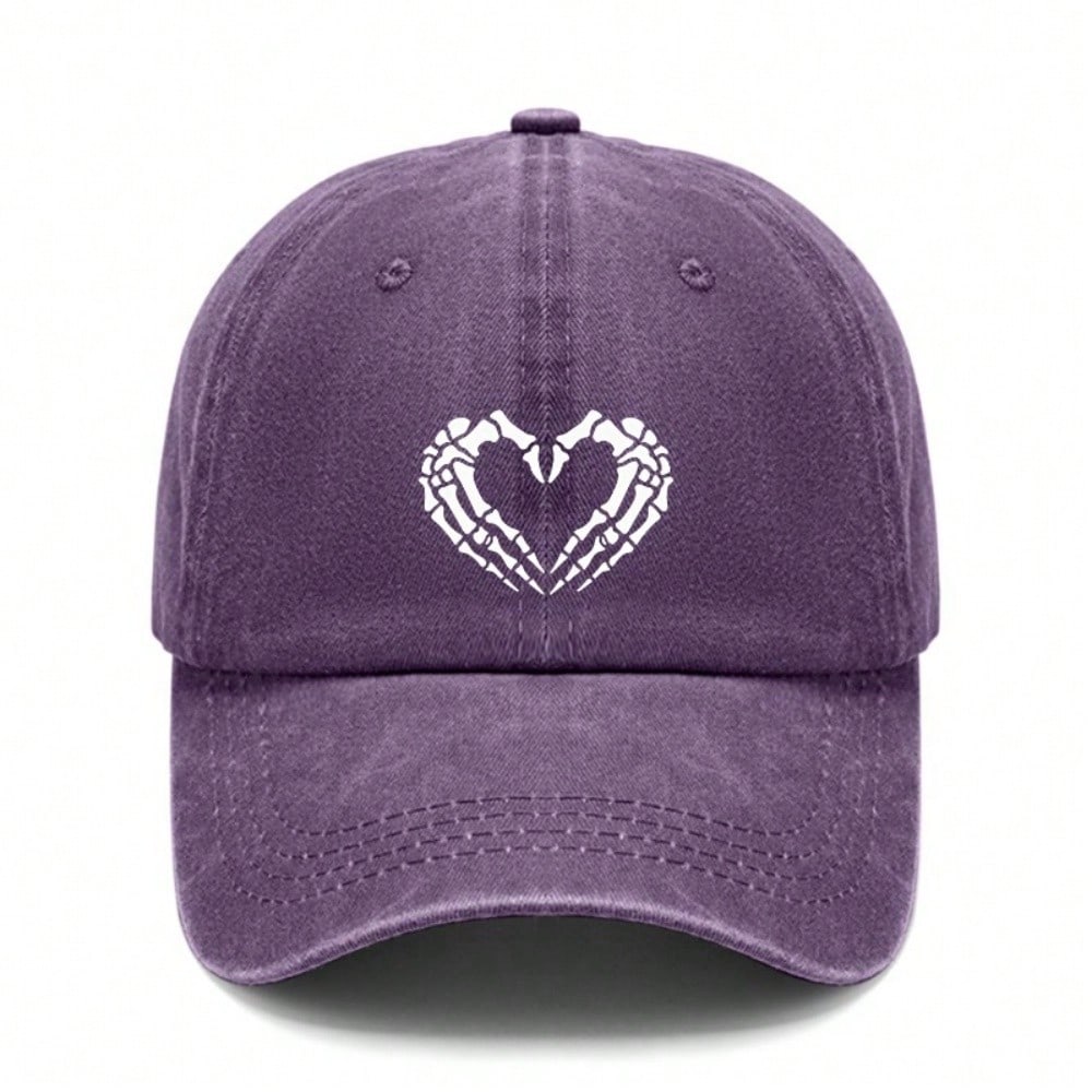 [Skeleton Heart Baseball Cap] Unisex Vintage Washed Print Polyester Adjustable Breathable Casual Streetwear Daily Wear Baseball Hat - Dad Cap