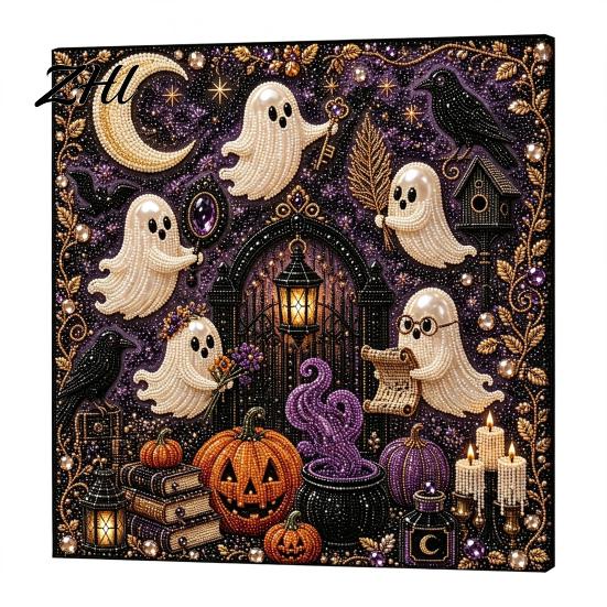 Ghost Pumpkin Art Craft Halloween Faux Pearl Kit, 3D Painting DIY Spooky Stress Relief Crafting Hobby Cute Set for Adults, Autumn Home Wall Decor Bead