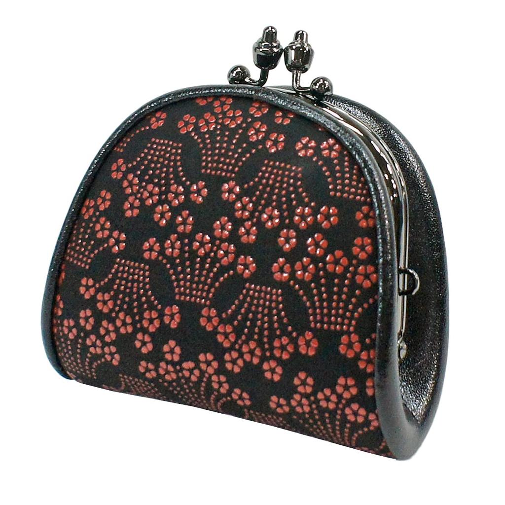 Indenya Inden Coin Purse 72H Deerskin Black with Red Lacquer Cherry Blossom and Iris Pattern 1105-21-001