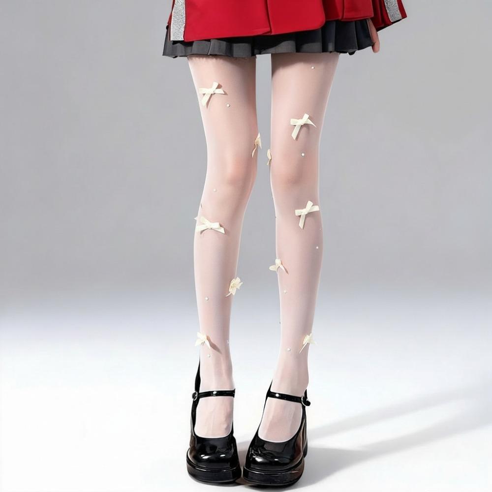 Pearl Embroidery Pearl Stockings Velvet Bow Pantyhose Fashionable Body Stockings Base Layer