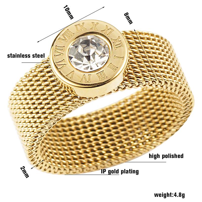 Gold Color Stainless Steel Ring Big Round Crystal Mesh Finger Ring Roman Numerals Rings Round Titanium Ring for Women Men