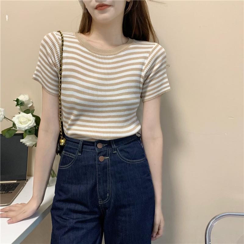 Футболка с круглым вырезом и короткими рукавами, женская летняя, с высокой талией, тонкая, в полоску, узкая, короткая, трикотажная, повседневная, облегающая, свитера, футболки