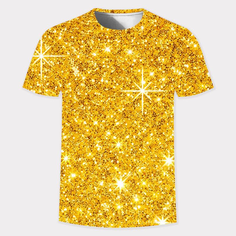 Summer 3D Gold Fashion Digital Harajuku Print Short Sleeve Round Neck Men's Casual Personality Hip Hop Street T-shirt Tops
