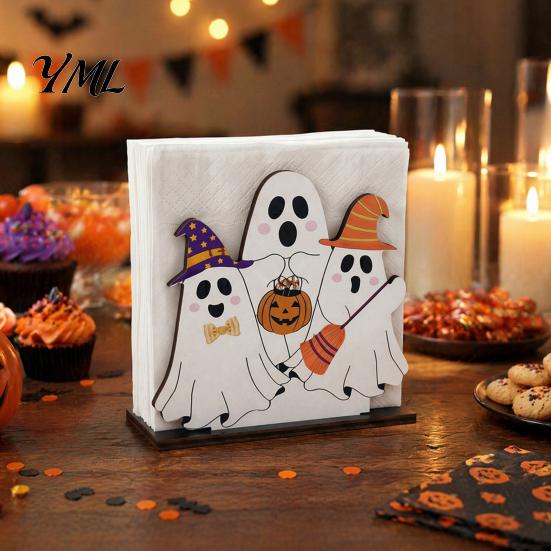Halloween Soft Furnishings for Home Ghost Wooden Napkin Holder, Cute Paper Towel Decorative Stable Solid Wood Rack Stand, Freestanding Tissue