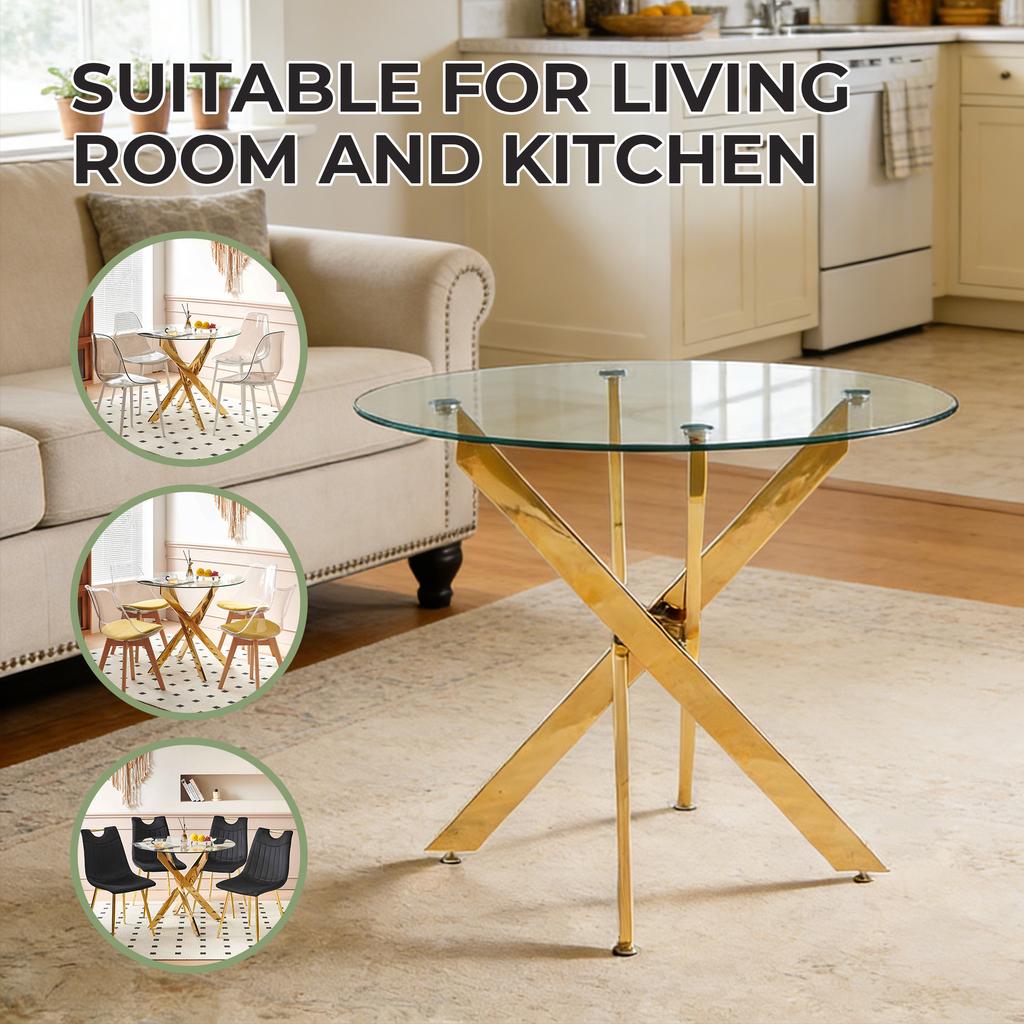 Dining Table with Cross Metal Leg and Tempered Glass, Modern Space-Saving Kitchen Table for Living Room, Round Table, Golden Legs, 80x80x75cm