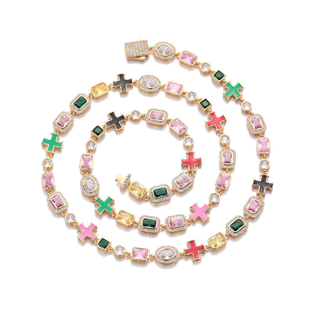 1MM Geometric Colored Gemstones Full Necklace Bracelet Hip Hop Style Jewelry Unisex Jewelry