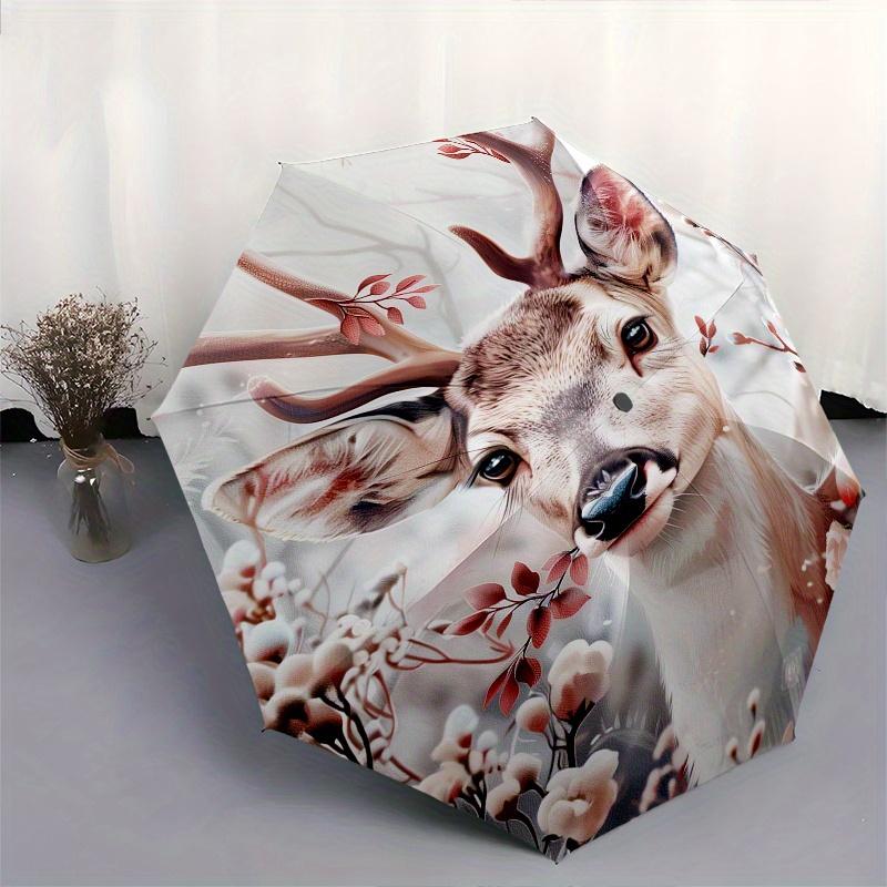 Deer, Floral Theme 8 Bone Hand Automatic Folding Umbrella, Compact and Portable Design, A Perfect Gift for Birthday, Christmas or Business U
