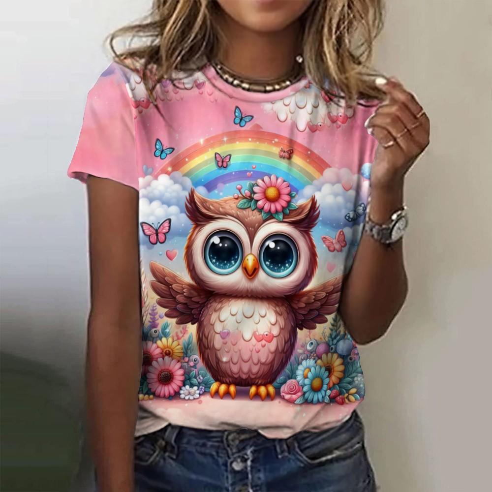Новая женская футболка Kawaii с принтом совы 3D, женская трендовая одежда, рубашка с коротким рукавом, футболки с круглым вырезом