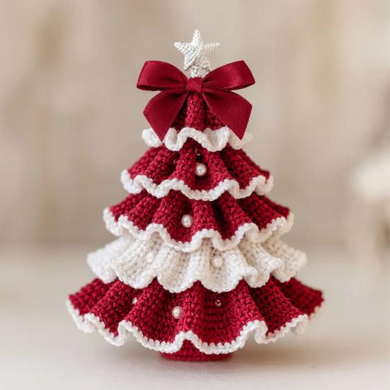 DIY Crochet Christmas Tree Kit Small Xmas Tree Craft Kit with Bow And Faux Pearl Handmade Holiday Decoration for Beginners